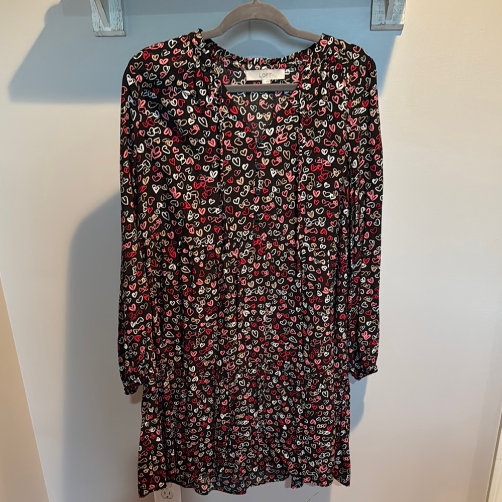 LOFT Red and White Long Sleeve Heart Dress